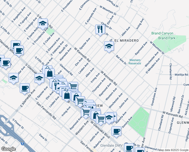 map of restaurants, bars, coffee shops, grocery stores, and more near 1265 Irving Avenue in Glendale