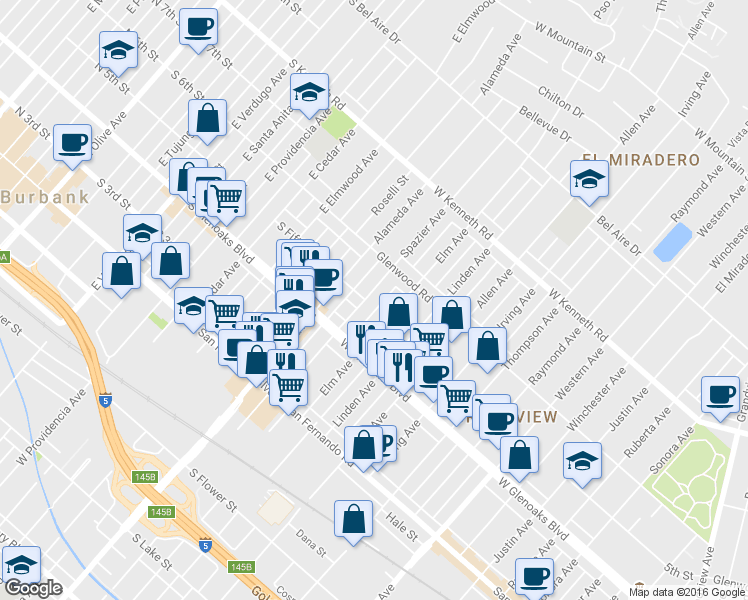 map of restaurants, bars, coffee shops, grocery stores, and more near 1147 Elm Avenue in Glendale