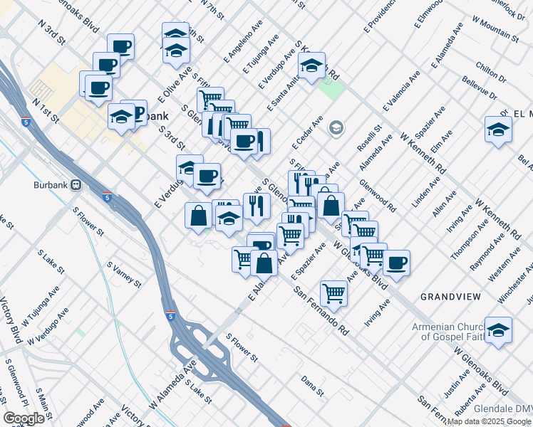 map of restaurants, bars, coffee shops, grocery stores, and more near 303 East Elmwood Avenue in Burbank