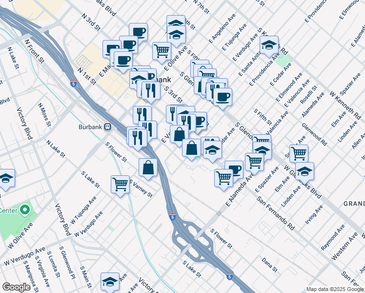 map of restaurants, bars, coffee shops, grocery stores, and more near 156 East Santa Anita Avenue in Burbank