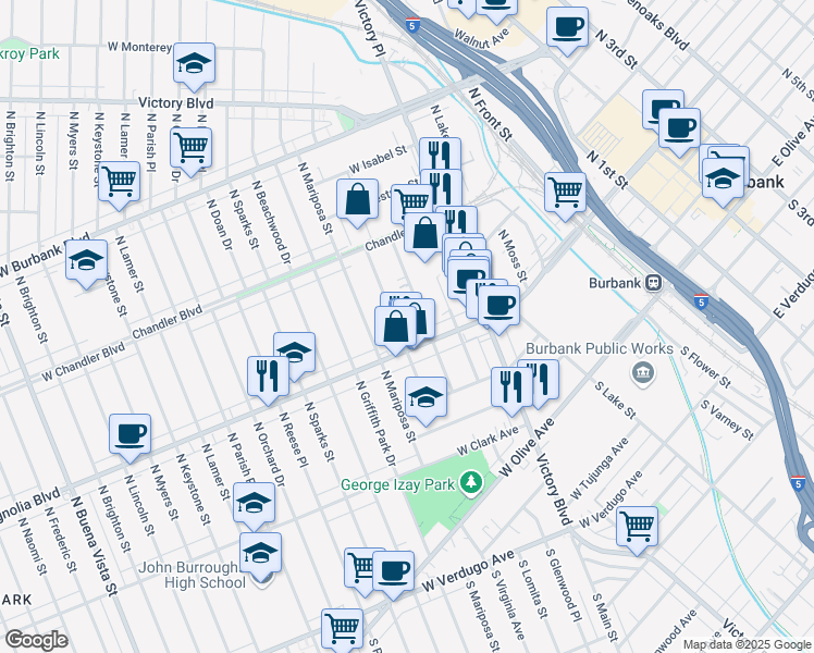 map of restaurants, bars, coffee shops, grocery stores, and more near 426 North Shelton Street in Burbank