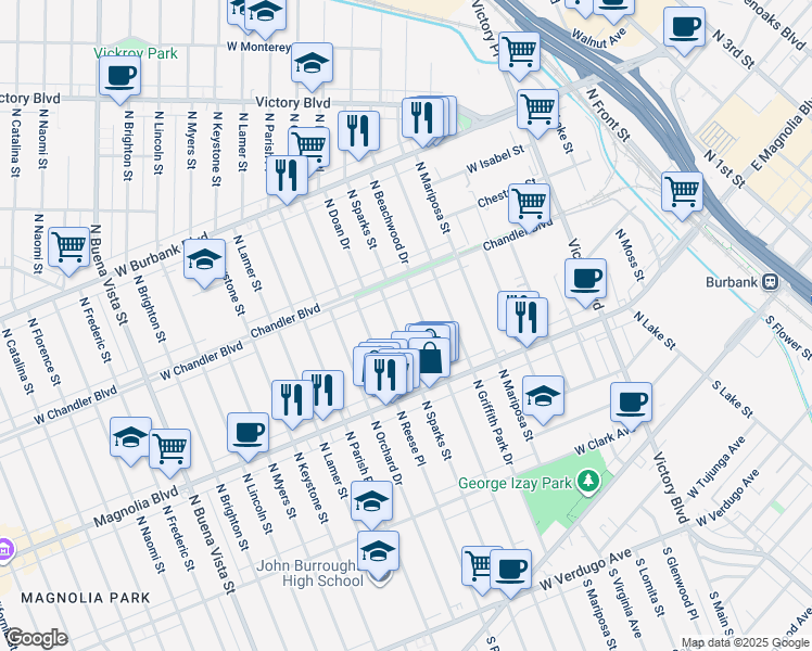 map of restaurants, bars, coffee shops, grocery stores, and more near 617 North Beachwood Drive in Burbank