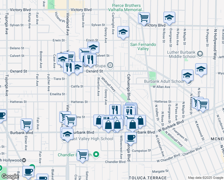 map of restaurants, bars, coffee shops, grocery stores, and more near 5863 Whitnall Highway in Los Angeles