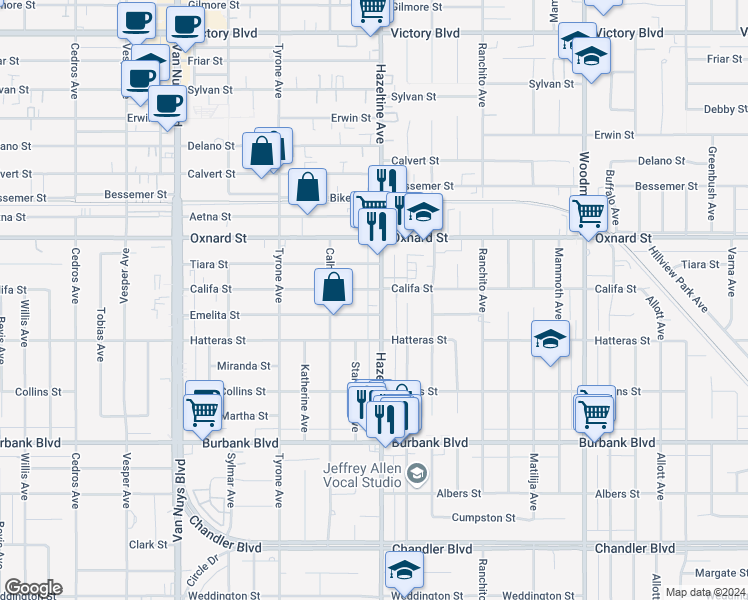 map of restaurants, bars, coffee shops, grocery stores, and more near 5865 Hazeltine Avenue in Los Angeles