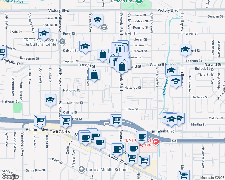 map of restaurants, bars, coffee shops, grocery stores, and more near 18550 Hatteras Street in Los Angeles
