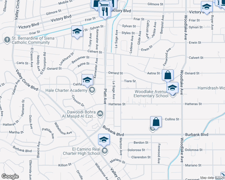 map of restaurants, bars, coffee shops, grocery stores, and more near 23648 Califa Street in Los Angeles
