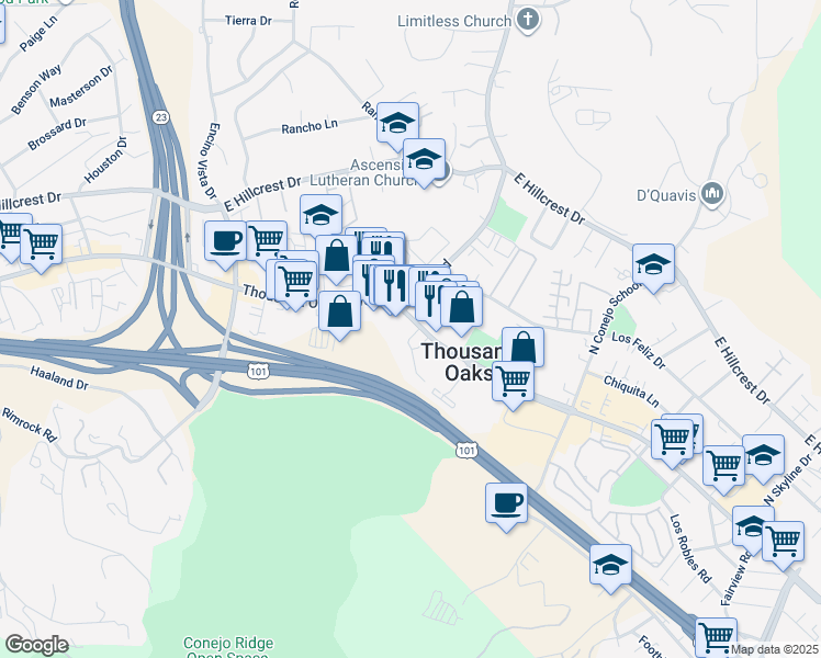 map of restaurants, bars, coffee shops, grocery stores, and more near 1715 Thousand Oaks Boulevard in Thousand Oaks