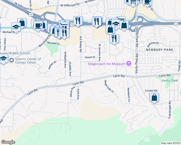 map of restaurants, bars, coffee shops, grocery stores, and more near 76 Karen Place in Thousand Oaks