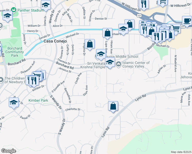 map of restaurants, bars, coffee shops, grocery stores, and more near 9 Cindy Avenue in Thousand Oaks