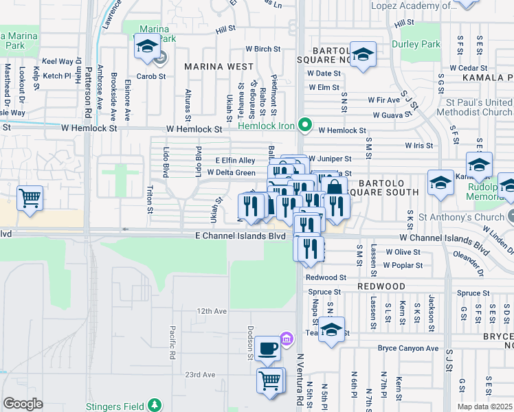 map of restaurants, bars, coffee shops, grocery stores, and more near 2561 Madera Circle in Port Hueneme