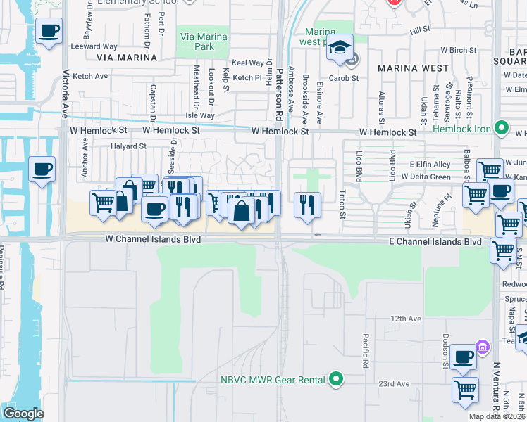 map of restaurants, bars, coffee shops, grocery stores, and more near 428 Hudson Lane in Port Hueneme