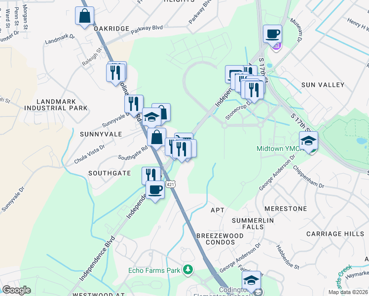 map of restaurants, bars, coffee shops, grocery stores, and more near 3804 Independence Boulevard in Wilmington