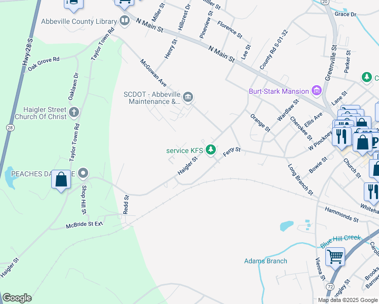 map of restaurants, bars, coffee shops, grocery stores, and more near 606 Haigler Street in Abbeville