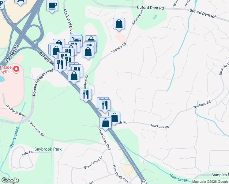 map of restaurants, bars, coffee shops, grocery stores, and more near 2815 Middlecreek Way in Cumming