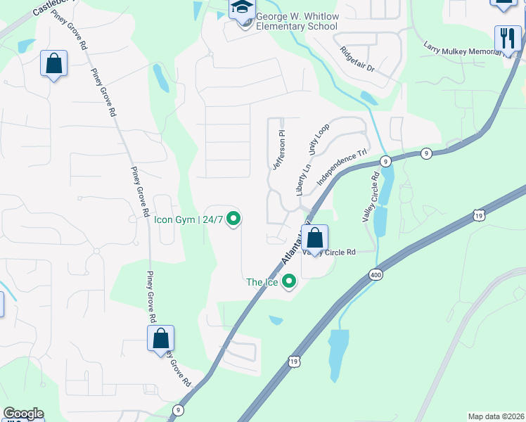 map of restaurants, bars, coffee shops, grocery stores, and more near 960 Patriot Trail in Cumming