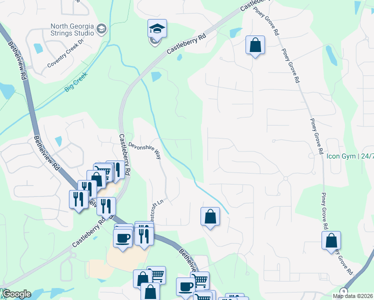 map of restaurants, bars, coffee shops, grocery stores, and more near 5480 Hedgewick Way in Cumming
