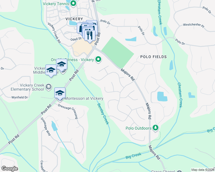 map of restaurants, bars, coffee shops, grocery stores, and more near 6590 Newcastle Way in Cumming