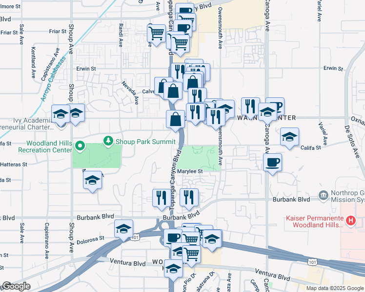 map of restaurants, bars, coffee shops, grocery stores, and more near Topanga Canyon Blvd & Califa St in Los Angeles