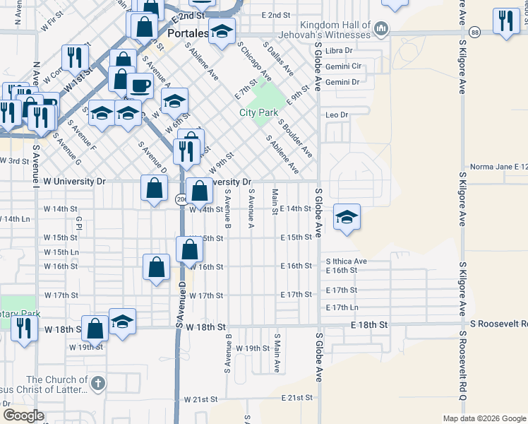 map of restaurants, bars, coffee shops, grocery stores, and more near 1401 South Main Avenue in Portales