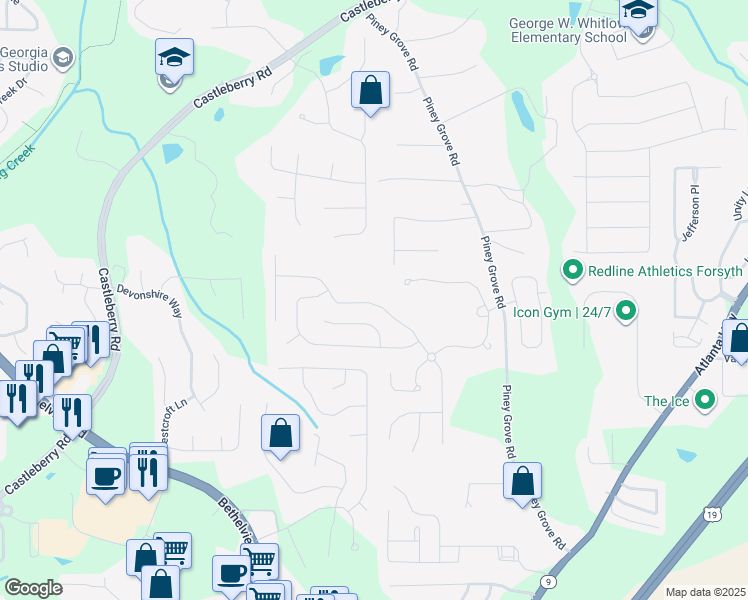map of restaurants, bars, coffee shops, grocery stores, and more near 5720 Crestwick Way in Cumming