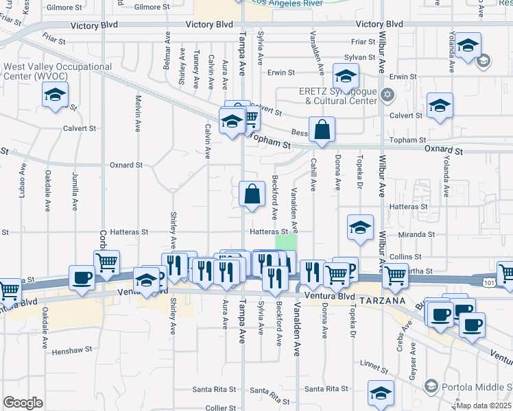 map of restaurants, bars, coffee shops, grocery stores, and more near 19236 Cammie Lane in Los Angeles