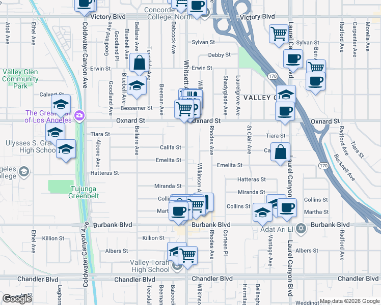 map of restaurants, bars, coffee shops, grocery stores, and more near 5852 Whitsett Avenue in Los Angeles