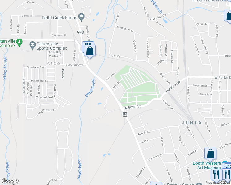 map of restaurants, bars, coffee shops, grocery stores, and more near 195 Cassville Road in Cartersville