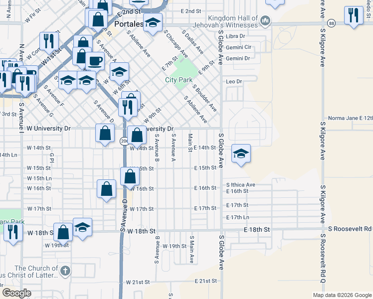 map of restaurants, bars, coffee shops, grocery stores, and more near 1400 South Main Avenue in Portales