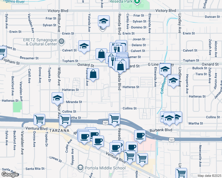 map of restaurants, bars, coffee shops, grocery stores, and more near 18550 Hatteras Street in Los Angeles