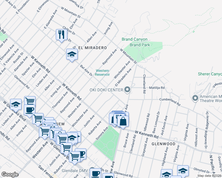 map of restaurants, bars, coffee shops, grocery stores, and more near 1611 Bel Aire Drive in Glendale