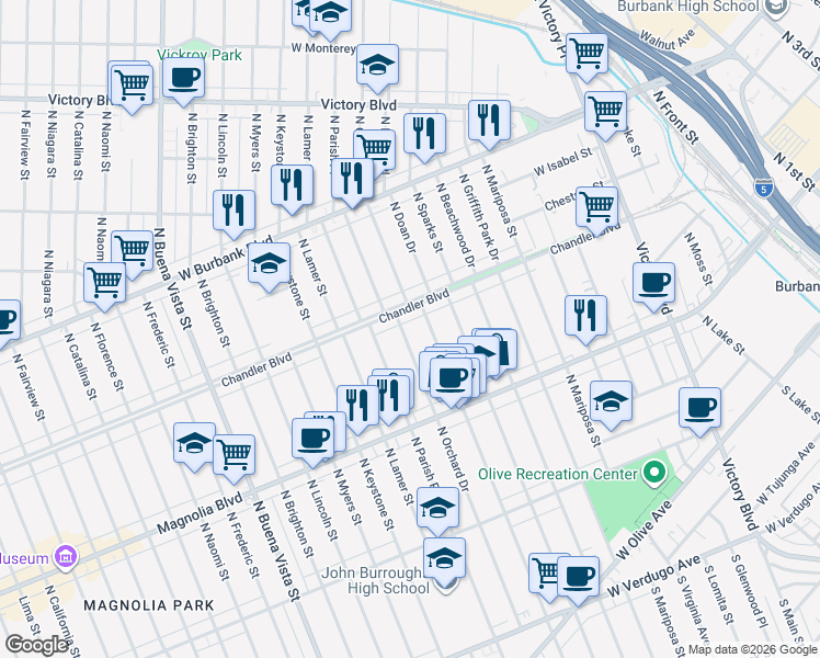 map of restaurants, bars, coffee shops, grocery stores, and more near 738 North Orchard Drive in Burbank