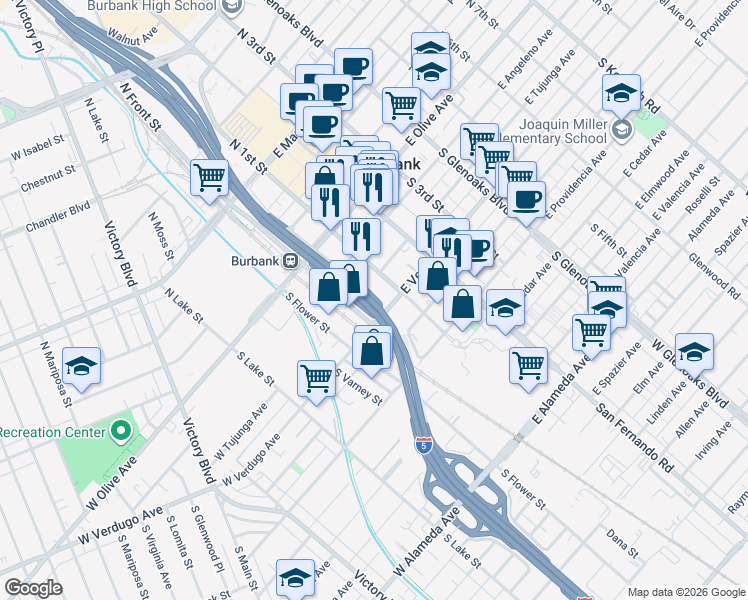 map of restaurants, bars, coffee shops, grocery stores, and more near in Burbank