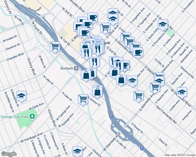map of restaurants, bars, coffee shops, grocery stores, and more near in Burbank