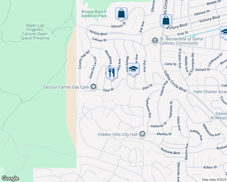 map of restaurants, bars, coffee shops, grocery stores, and more near 24674 Eilat Street in Los Angeles