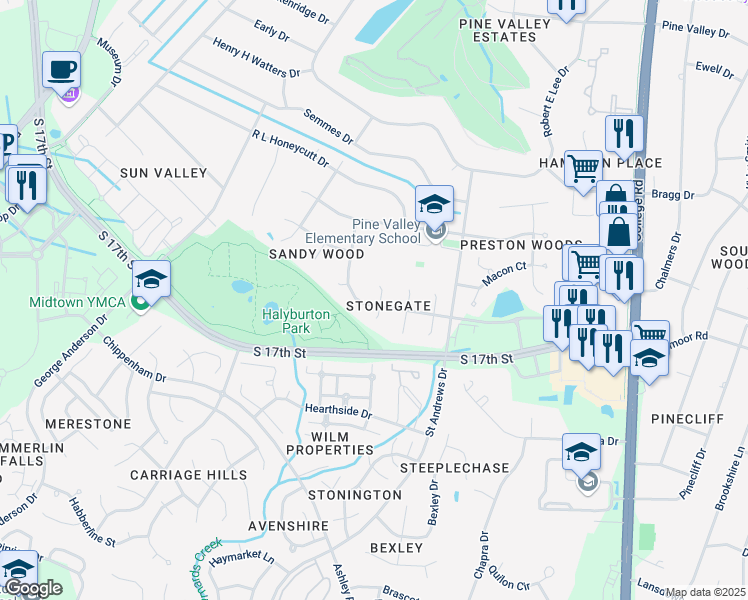 map of restaurants, bars, coffee shops, grocery stores, and more near 654 Lawshe Court in Wilmington