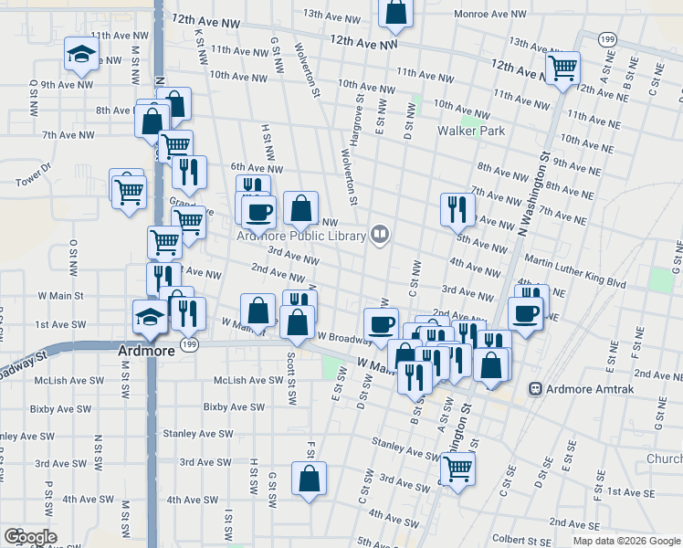map of restaurants, bars, coffee shops, grocery stores, and more near 515 3rd Avenue Southeast in Ardmore