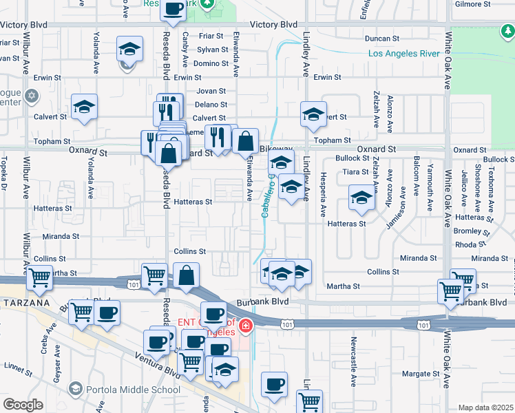 map of restaurants, bars, coffee shops, grocery stores, and more near 5840 Etiwanda Avenue in Los Angeles