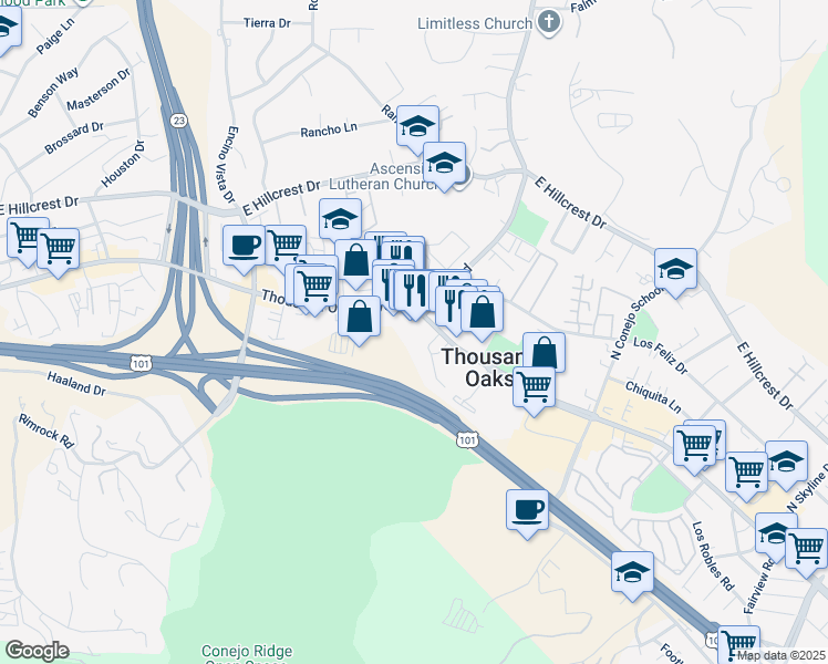 map of restaurants, bars, coffee shops, grocery stores, and more near 1715 Thousand Oaks Boulevard in Thousand Oaks