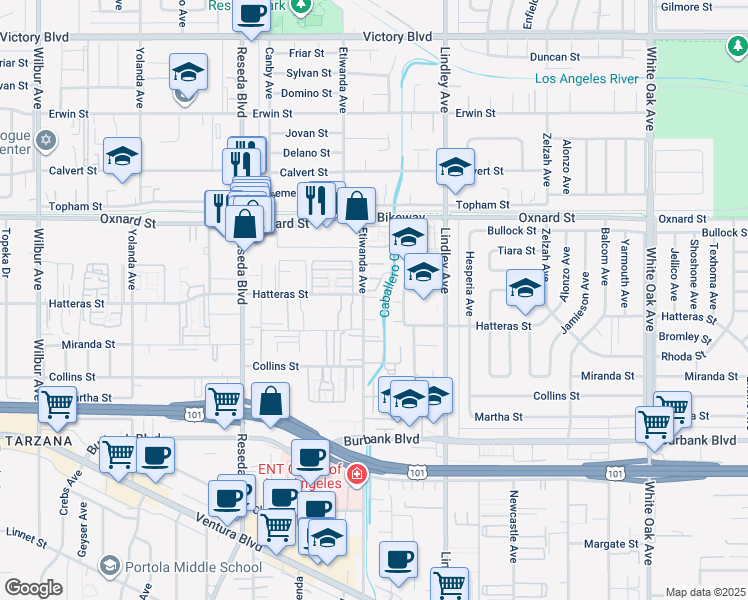 map of restaurants, bars, coffee shops, grocery stores, and more near 5840 Etiwanda Avenue in Los Angeles