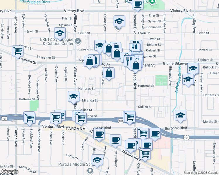 map of restaurants, bars, coffee shops, grocery stores, and more near 18645 Hatteras Street in Los Angeles