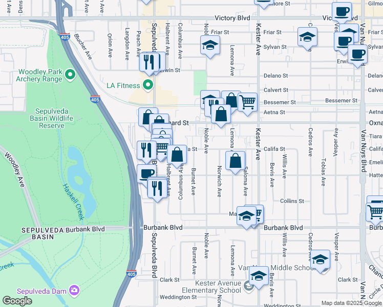 map of restaurants, bars, coffee shops, grocery stores, and more near 5851 Burnet Avenue in Los Angeles