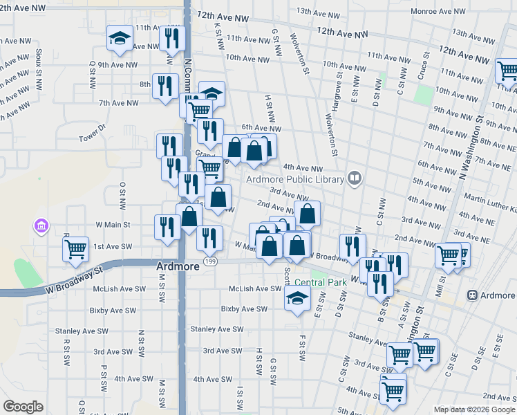 map of restaurants, bars, coffee shops, grocery stores, and more near 908 2nd Avenue Northwest in Ardmore