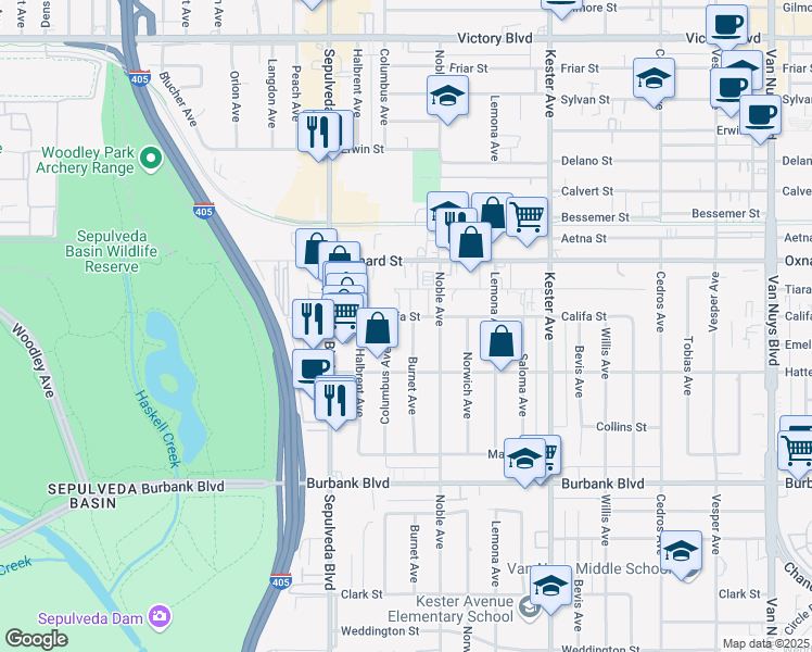 map of restaurants, bars, coffee shops, grocery stores, and more near 5851 Burnet Avenue in Los Angeles