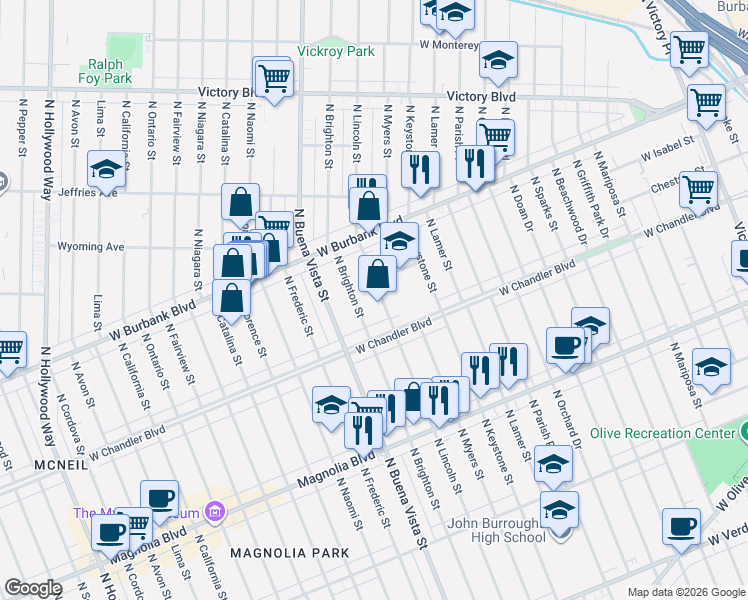 map of restaurants, bars, coffee shops, grocery stores, and more near 933 North Lincoln Street in Burbank
