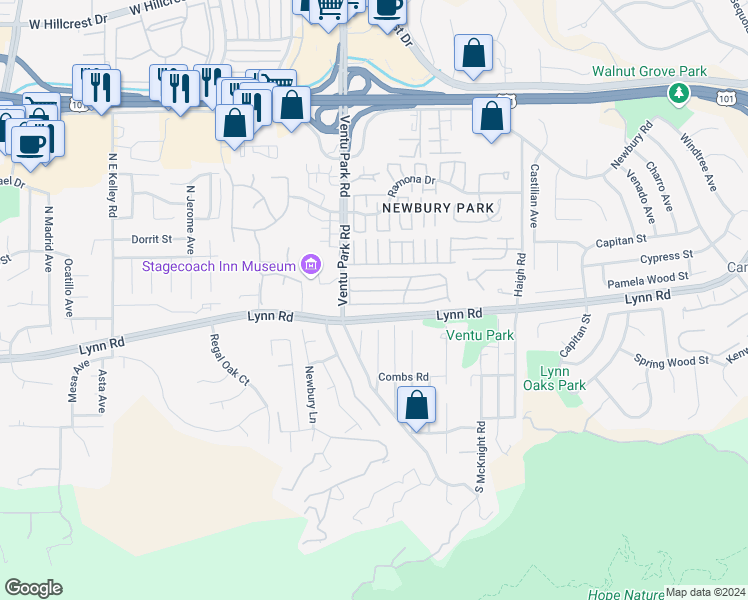 map of restaurants, bars, coffee shops, grocery stores, and more near 98 Madonna Lane in Thousand Oaks
