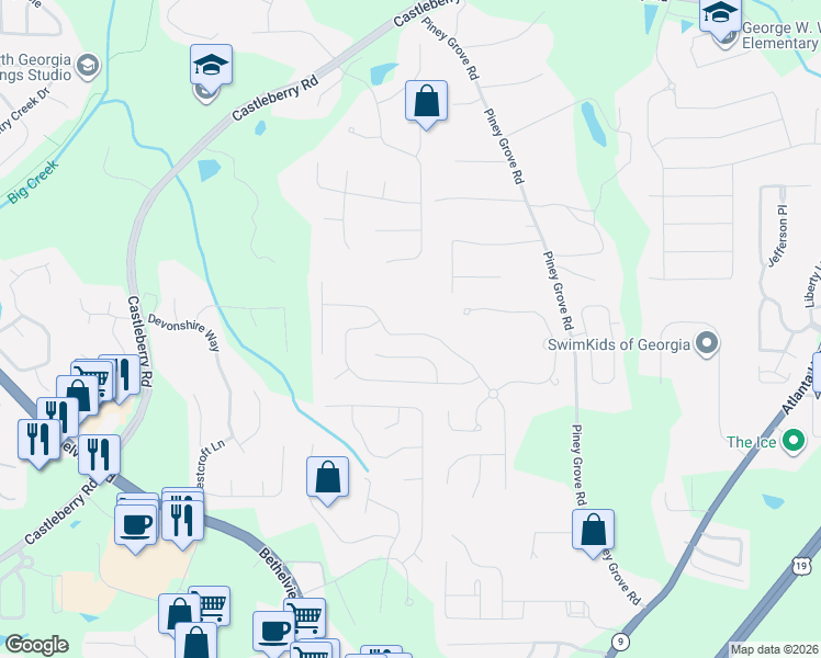 map of restaurants, bars, coffee shops, grocery stores, and more near 5760 Crestwick Way in Cumming