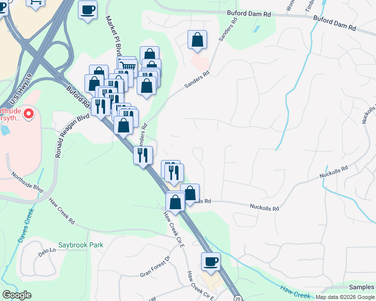 map of restaurants, bars, coffee shops, grocery stores, and more near 2825 Middlecreek Way in Cumming
