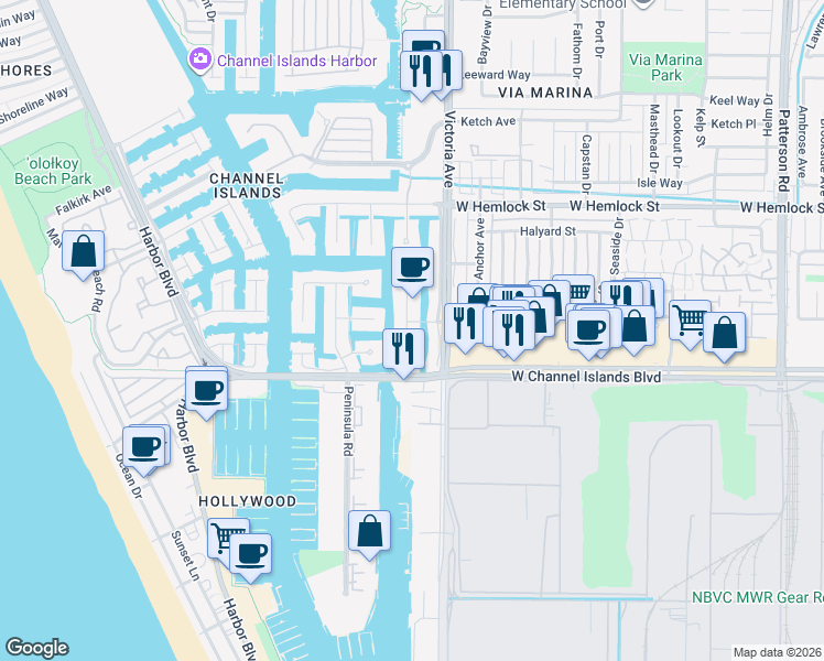 map of restaurants, bars, coffee shops, grocery stores, and more near 2401 Monaco Drive in Oxnard