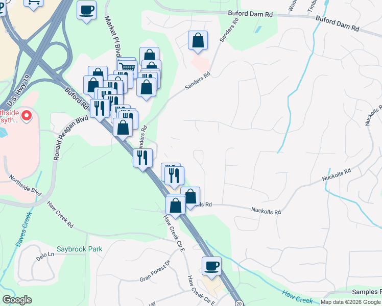 map of restaurants, bars, coffee shops, grocery stores, and more near 2823 Middlecreek Way in Cumming