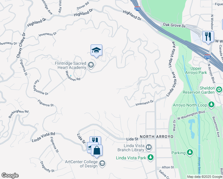 map of restaurants, bars, coffee shops, grocery stores, and more near 1372 Edgehill Place in Pasadena